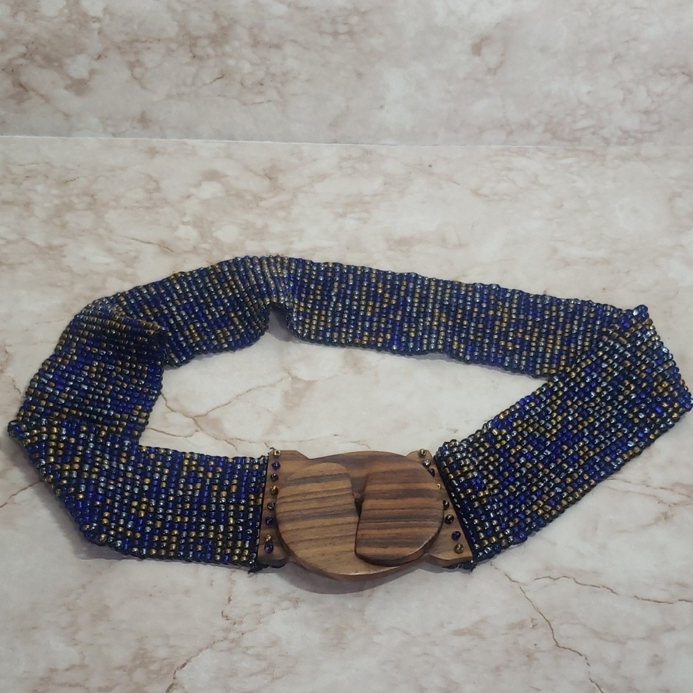 Beaded Blue and Gold Wooden Buckle Belt Stretch